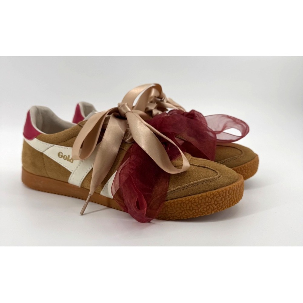 Gola Retro Suede Sneaker 8 Tan Gum Sole Low Top Terrace Shoes Women Satin Laces
